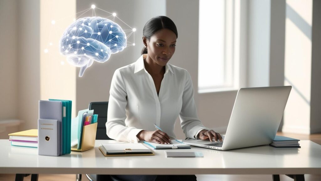 productive adult managing adhd with organizational tools and calm workspace