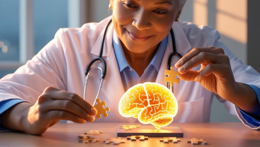 Symbolic representation of dementia care showing brain puzzle and supportive hands