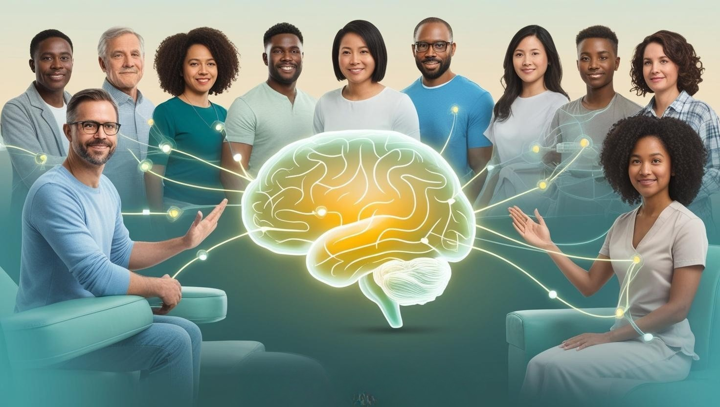 conceptual vector illustration showing diverse group connected through glowing neural pathways in brain landscape with therapy couch, medication bottles, and support networks. soft blue-green color scheme with warm accents, symbolizing mental health awareness and treatment unity