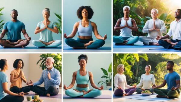 diverse adults practicing anxiety relief techniques in peaceful natural setting with mindfulness exercises, balanced nutrition, and group support activities under golden sunlight – holistic mental health management strategies