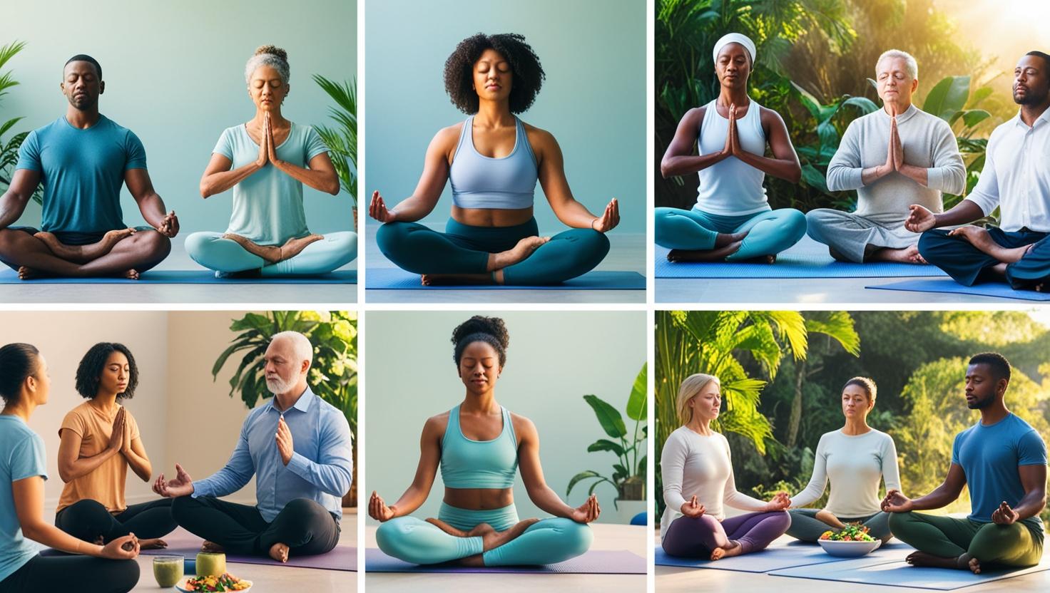diverse adults practicing anxiety relief techniques in peaceful natural setting with mindfulness exercises, balanced nutrition, and group support activities under golden sunlight – holistic mental health management strategies
