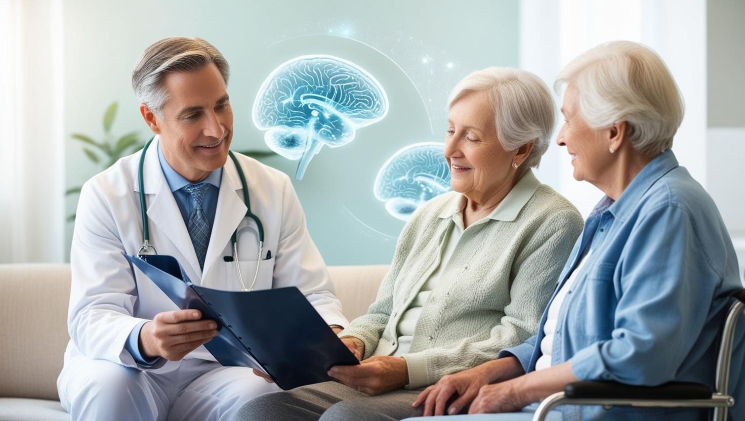 neurologist discussing brain scan results with elderly alzheimer's patient and caregiver, showing neural activity networks and fading amyloid plaques, illustrating modern dementia care approaches and treatment hope
