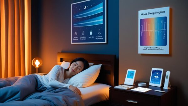 Woman practicing insomnia mental health management techniques in bedroom setting