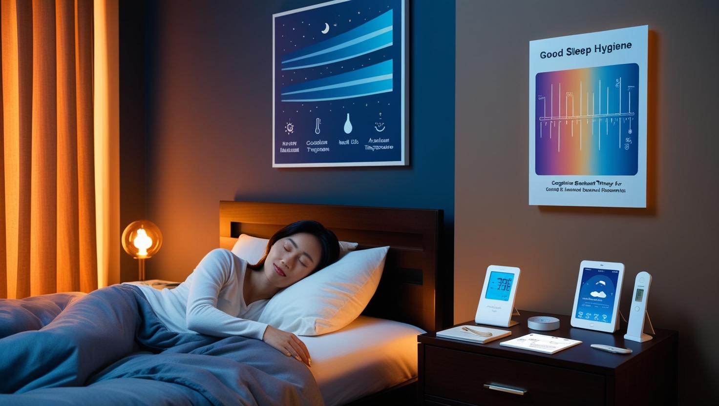 Woman practicing insomnia mental health management techniques in bedroom setting