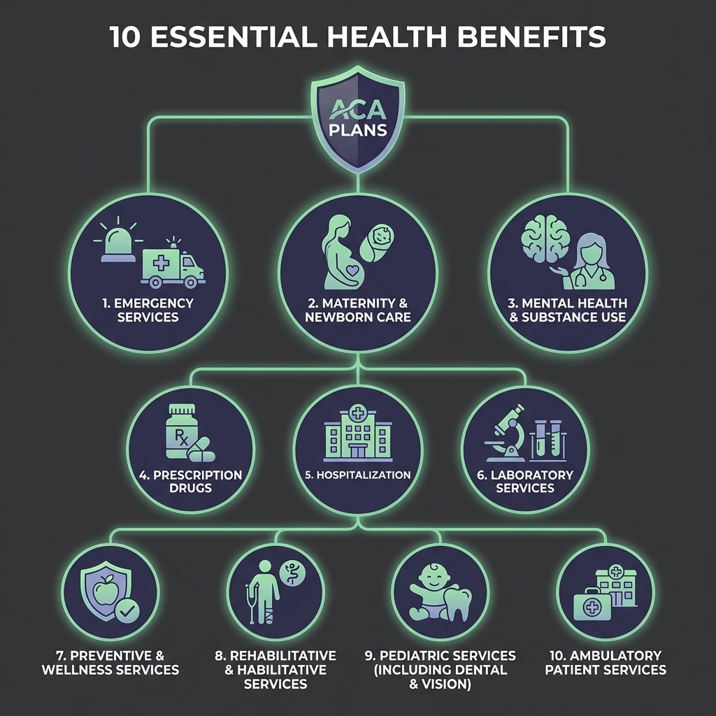infographic of aca essential health benefits including maternity and mental health