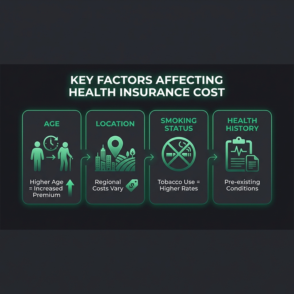 infographic showing key factors affecting private health insurance uk cost: age, location, smoking status, and health history