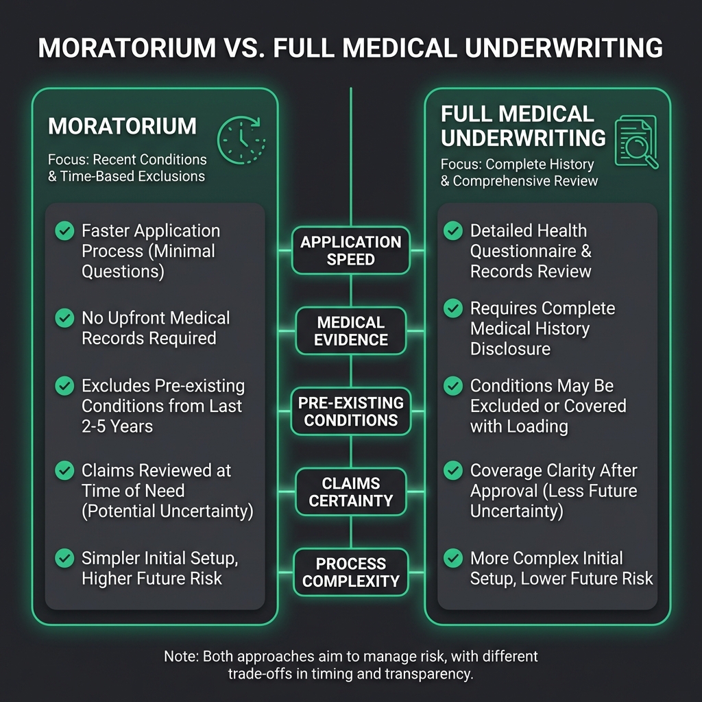 comparison chart showing guidelines for moratorium vs full medical underwriting in private health insurance