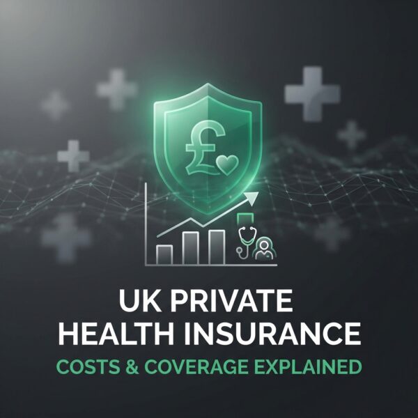professional guide to private health insurance cost in the uk, showing medical calculator and trusted emerald green health icons