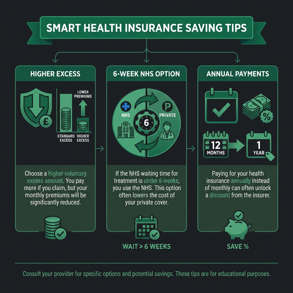 illustration showing money-saving tips for private health insurance uk cost including higher excess and annual payments