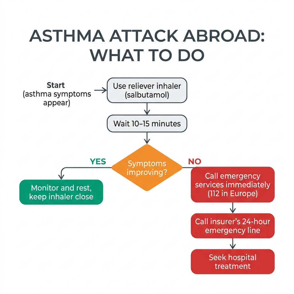 what to do during an asthma attack abroad - decision flow diagram - travel insurance with asthma emergency guide