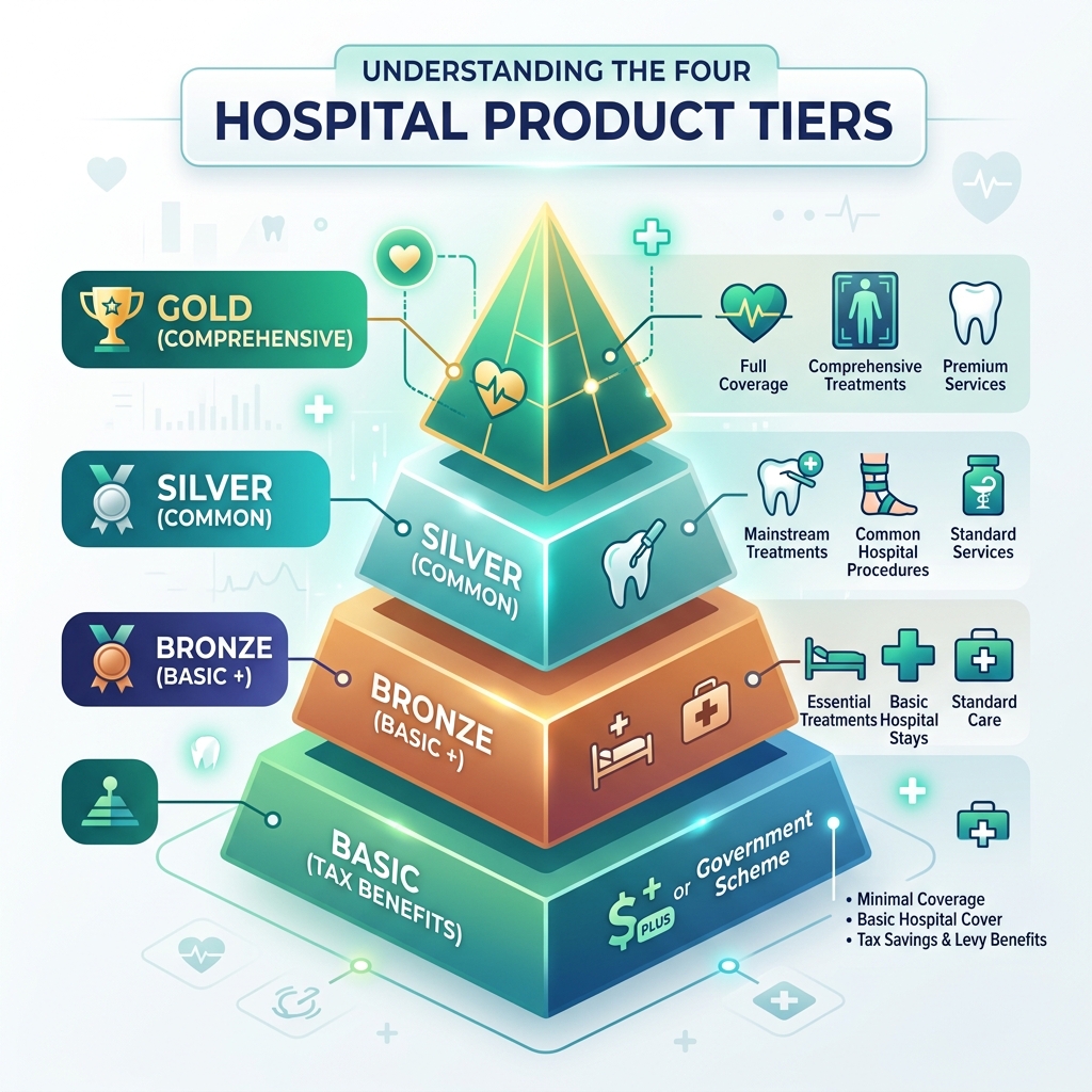 explanation of gold silver bronze and basic hospital tiers - private health cover au