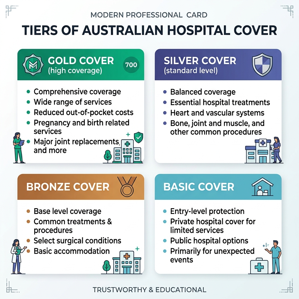 summary chart showing gold silver bronze and basic hospital tiers - australian health plans
