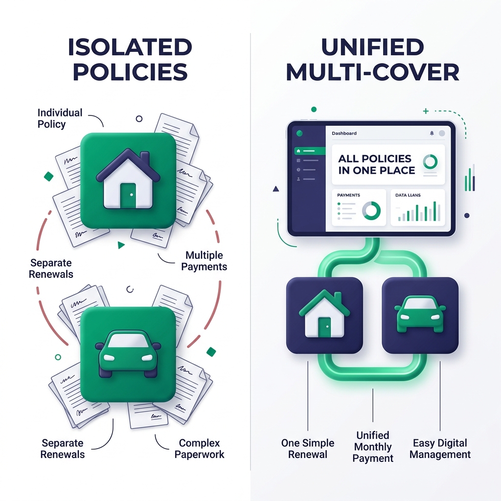In-content infographic comparing isolated policies vs unified multi-cover models - home and vehicle insurance