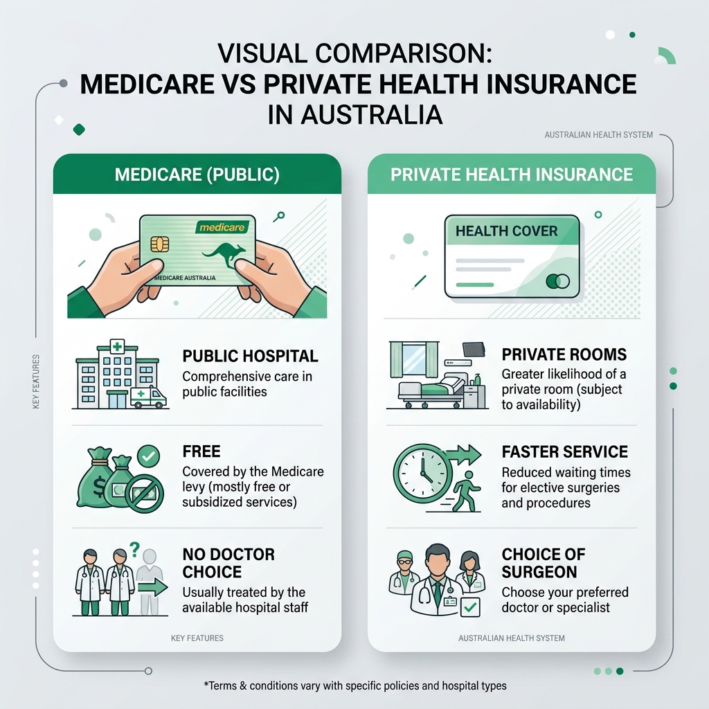 visual comparison of medicare vs private health insurance in australia - australian health plans