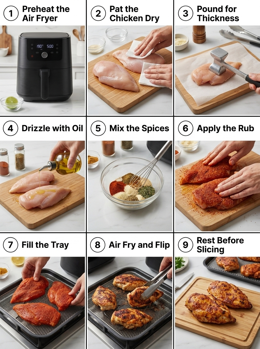 visual step by step cooking guide collage for ultra juicy air fryer chicken breast recipe