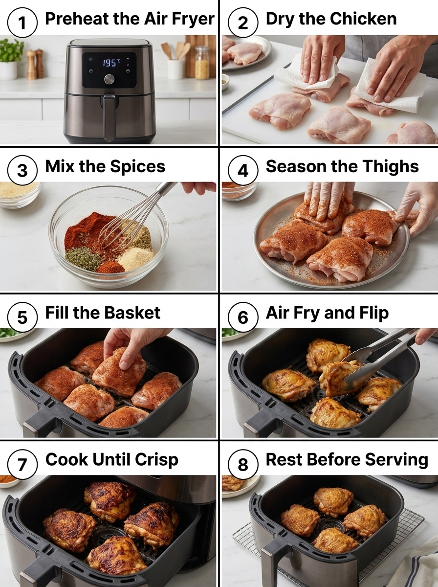 visual step by step cooking guide collage for crispy air fryer chicken thighs recipe
