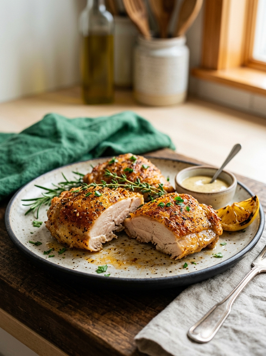 golden brown crispy air fryer chicken thighs served on a plate with lemon wedges and fresh parsley