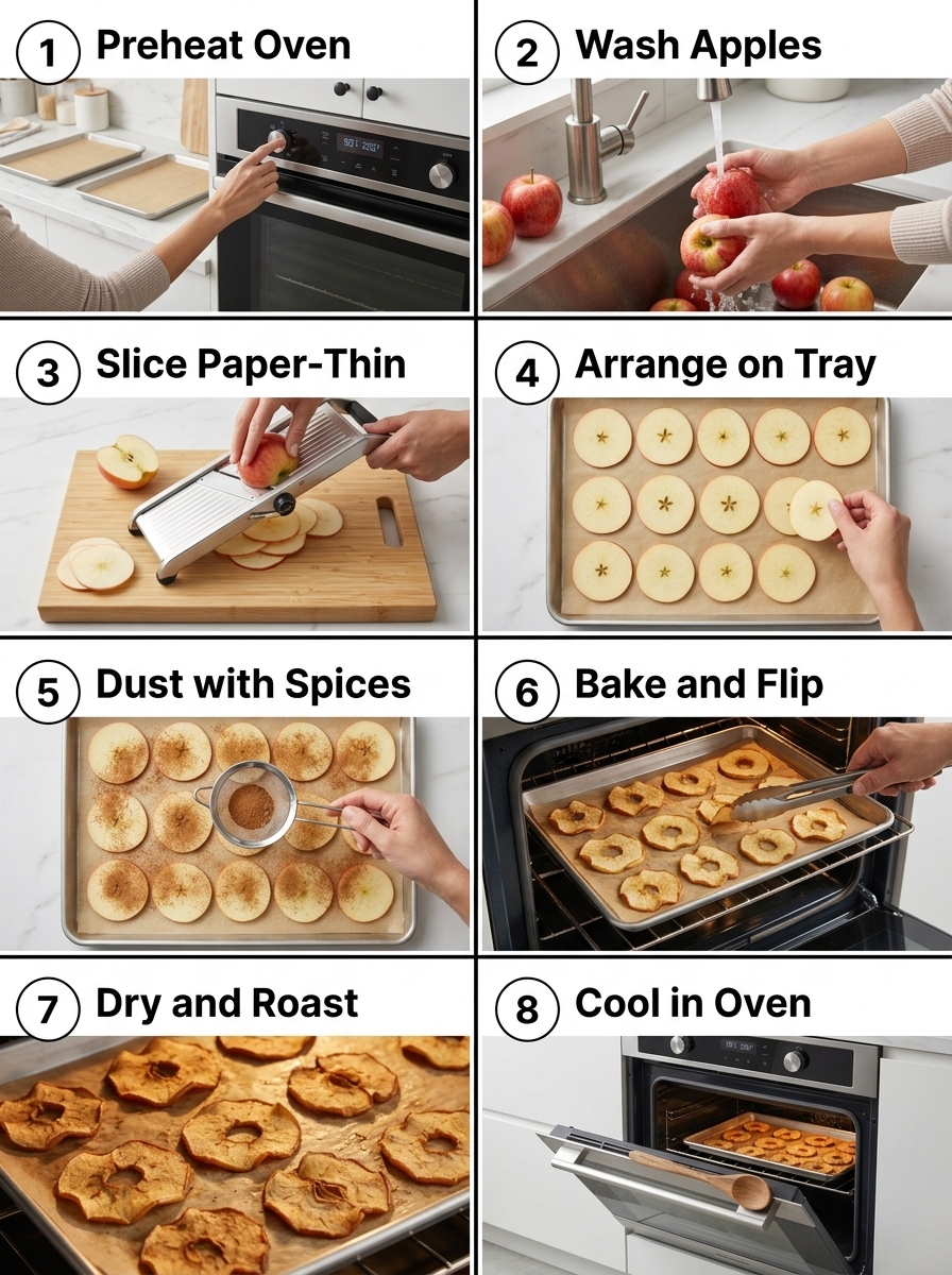 visual step by step cooking guide collage for crunchy cinnamon baked apple chip snacks