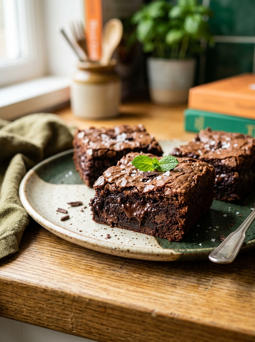 stacked squares of rich fudgy healthy dark chocolate avocado brownies served on a plate