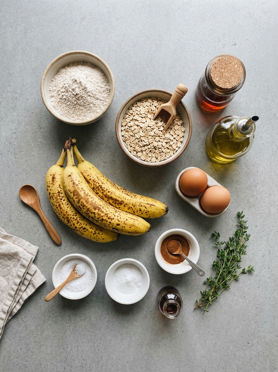 ingredients layout for healthy banana bread showing ripe bananas, rolled oats, whole wheat flour, and spices