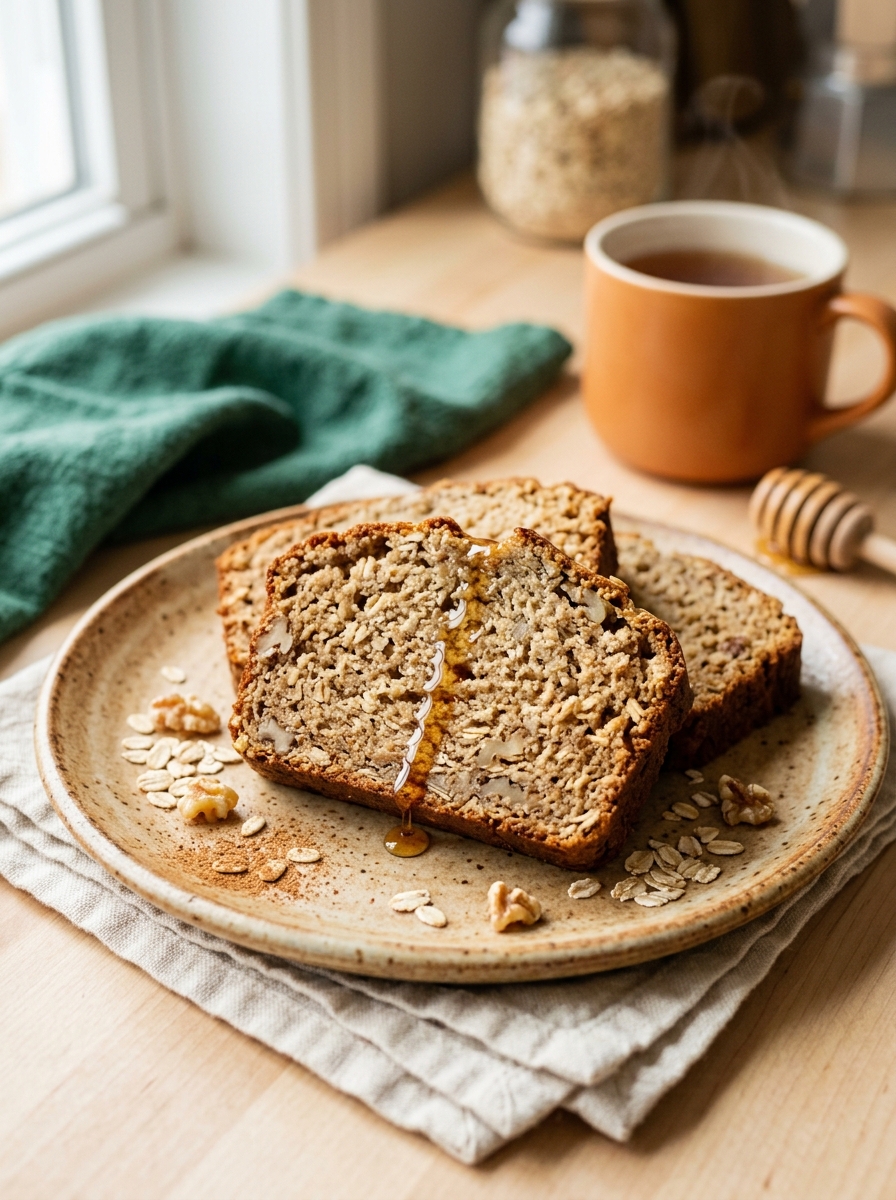 sliced portions of moist healthy banana bread served on a plate