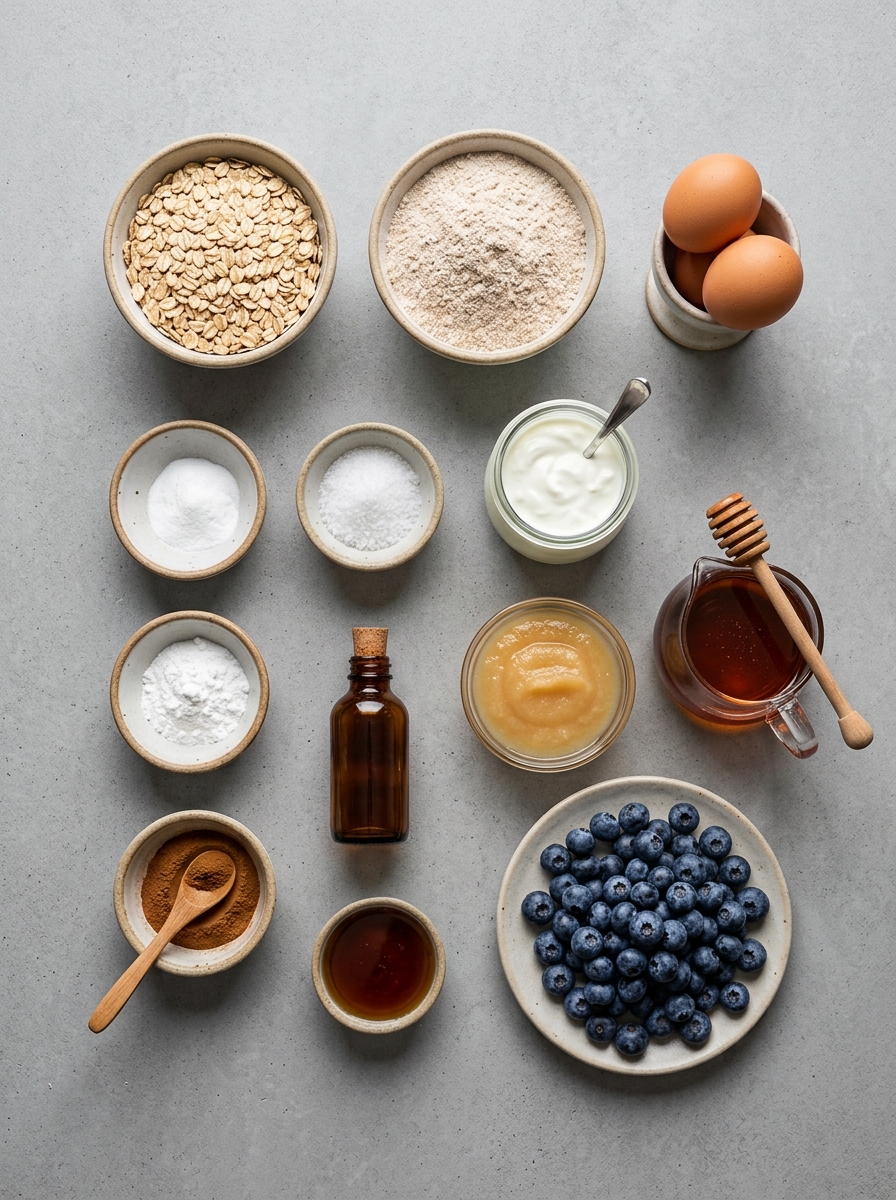 ingredients flat lay for oatmeal blueberry muffins showing whole oats, oat flour, fresh wild blueberries, greek yogurt, eggs, and raw honey