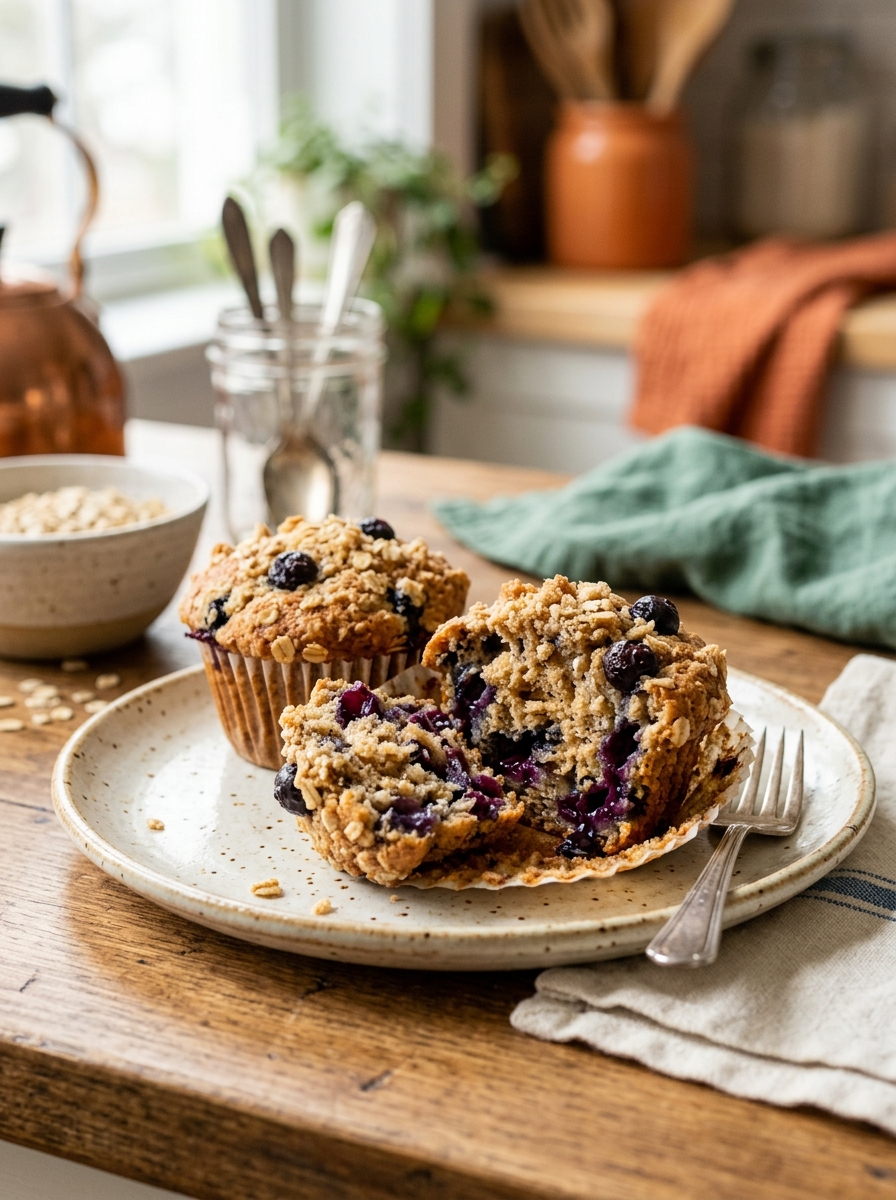 plate of soft and fluffy healthy oatmeal blueberry muffins with bursting blueberries