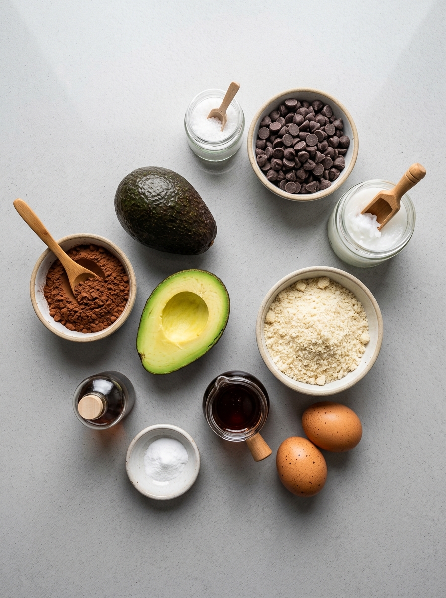 ingredients layout for chocolate avocado brownies showing ripe avocado, dark cocoa powder, almond flour, pure maple syrup, eggs, and dark chocolate chips - chocolate brownies