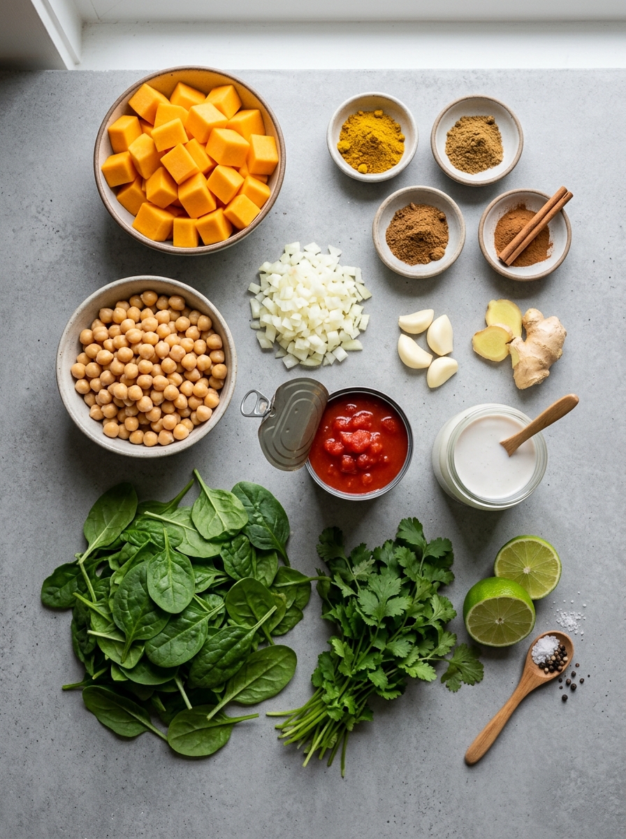 ingredients flat lay for butternut squash curry showing cubed butternut squash, canned chickpeas, coconut milk, diced tomatoes, baby spinach, curry powder, turmeric, ginger, and garlic