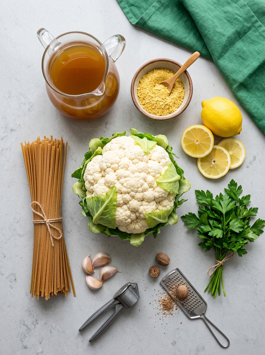 ingredients flat lay for creamy cauliflower pasta showing whole wheat fettuccine, fresh cauliflower florets, garlic cloves, vegetable broth, unsweetened almond milk, nutritional yeast, and olive oil