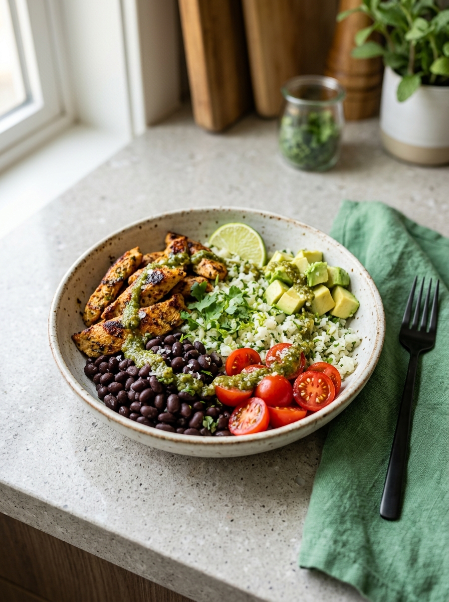 close-up of finished chicken cauliflower rice burrito bowl garnished with fresh cilantro and lime wedges