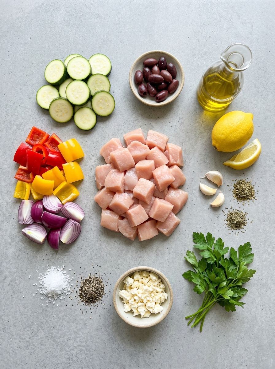 ingredients flat lay for Greek sheet pan chicken showing chicken breast pieces, bell peppers, red onions, zucchini, kalamata olives, lemons, olive oil, and Greek herbs - ZESTY SHEET PAN