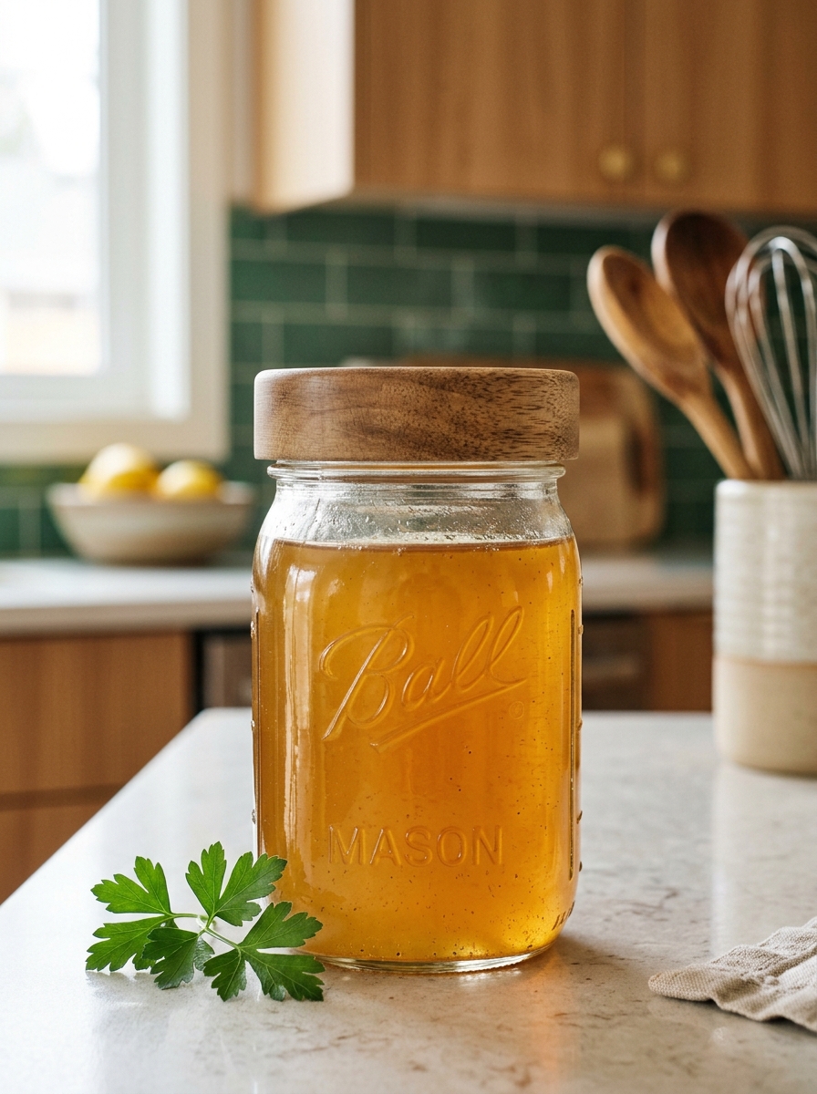 jars of rich homemade golden chicken bone broth ready for nourishing sipping and meal prep