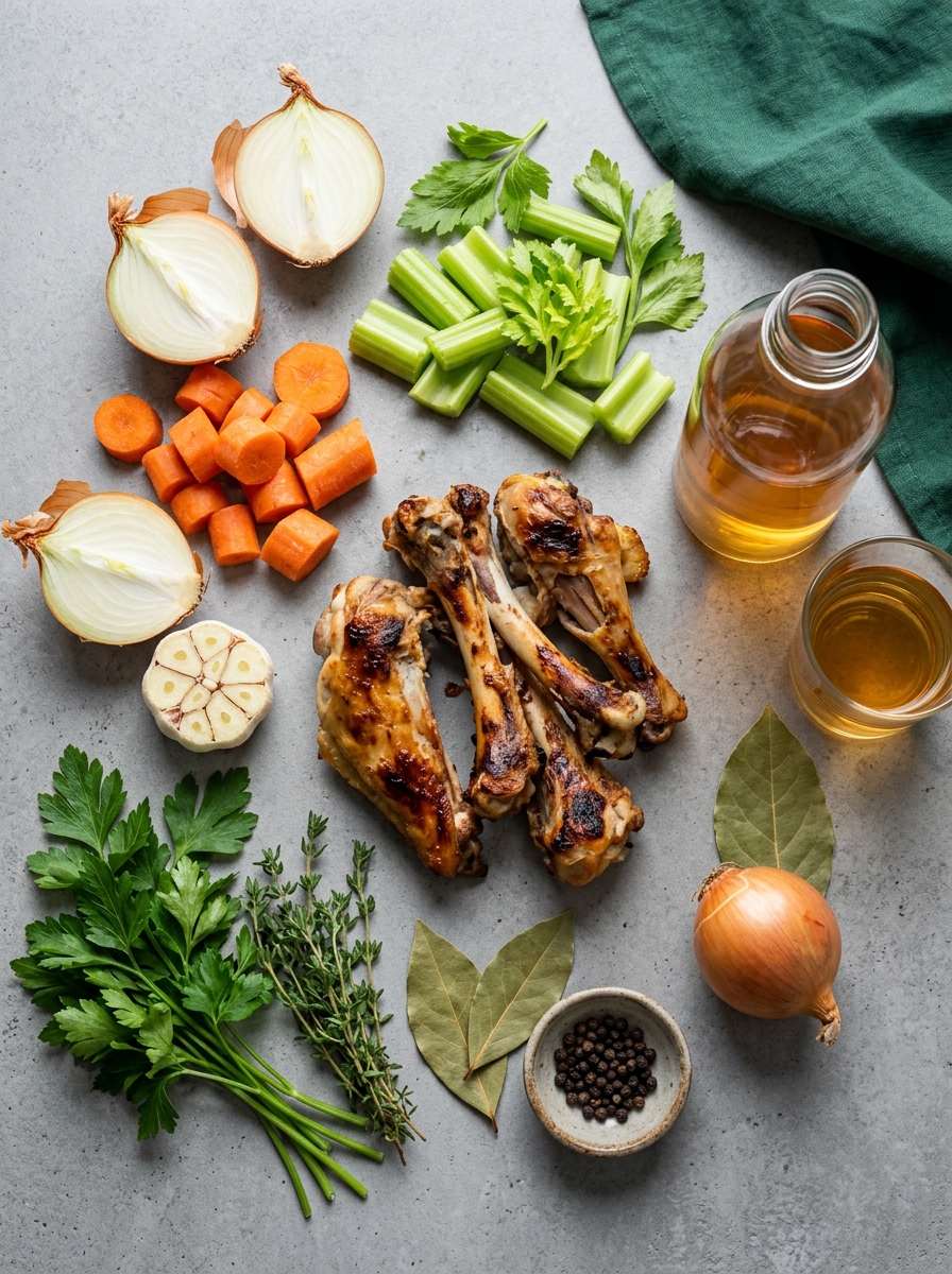 ingredients flat lay for homemade chicken bone broth showing roasted chicken carcass, carrots, celery, yellow onion, garlic, bay leaves, peppercorns, and apple cider vinegar - RICH HOMEMADE BONE