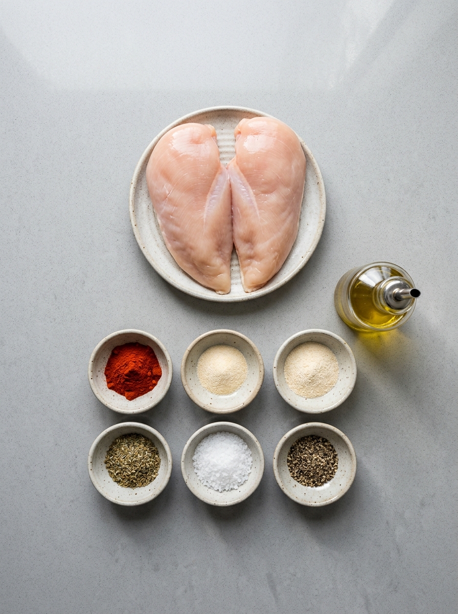 ingredients flat lay for air fryer chicken breasts showing boneless skinless chicken breasts, smoked paprika, garlic powder, onion powder, sea salt, and olive oil - air fryer chicken breas