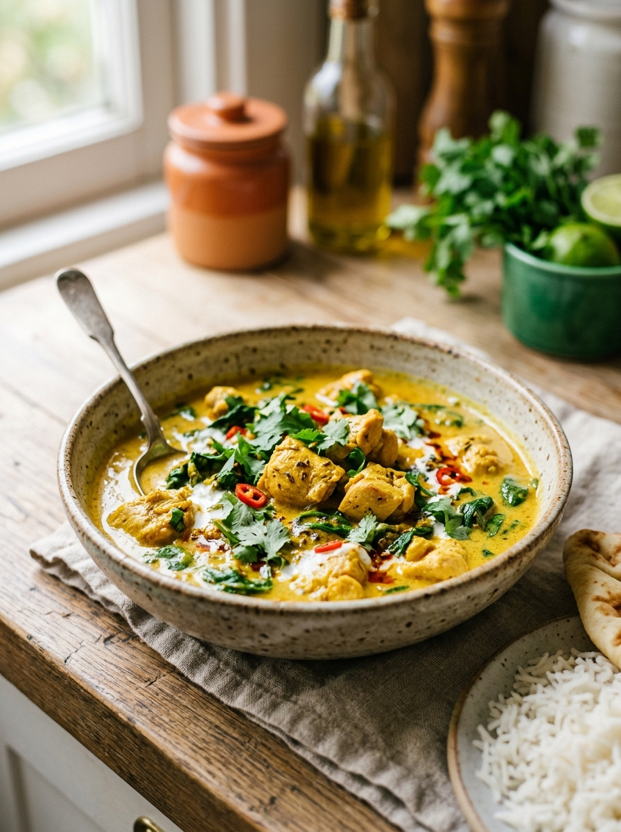 final plated bowl of fragrant golden coconut chicken curry served in a ceramic bowl with fresh cilantro