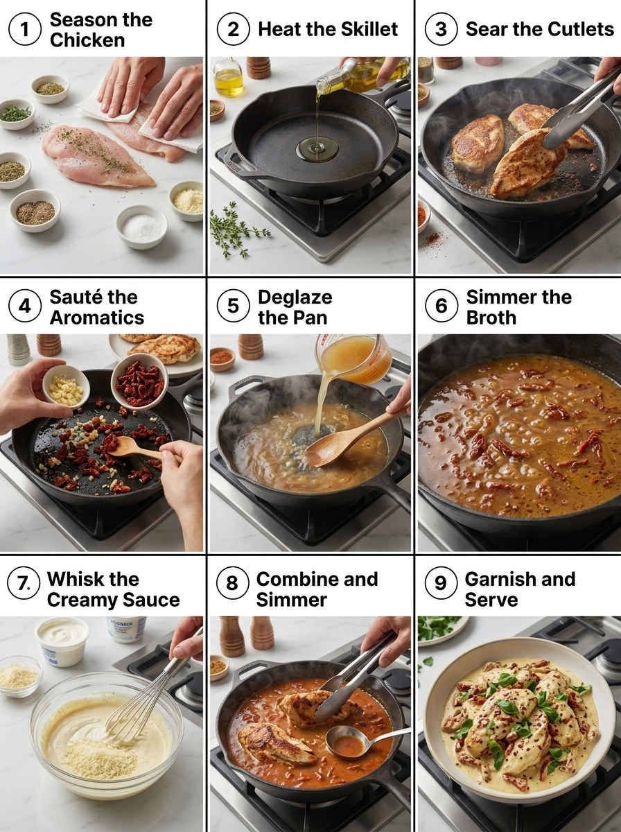 visual step by step cooking guide collage for creamy Tuscan marry me chicken skillet