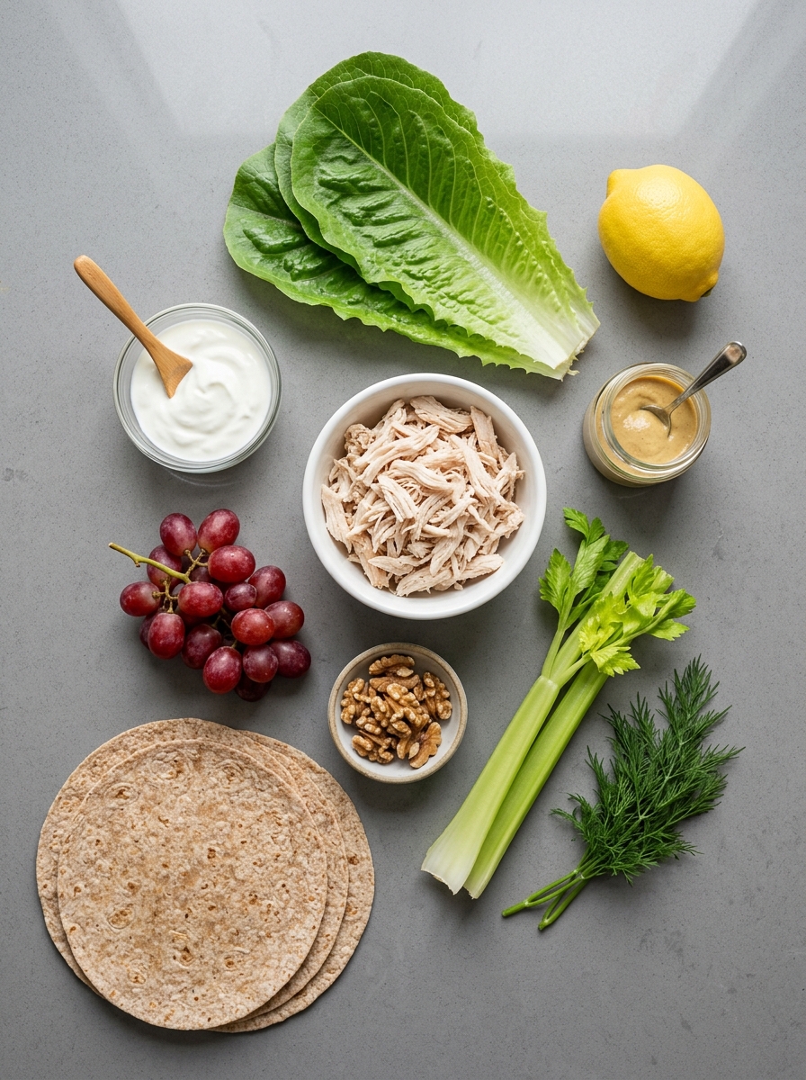 ingredients layout for chicken salad wraps showing shredded leftover chicken breast, plain Greek yogurt, Dijon mustard, diced celery, red grapes, and whole wheat tortillas