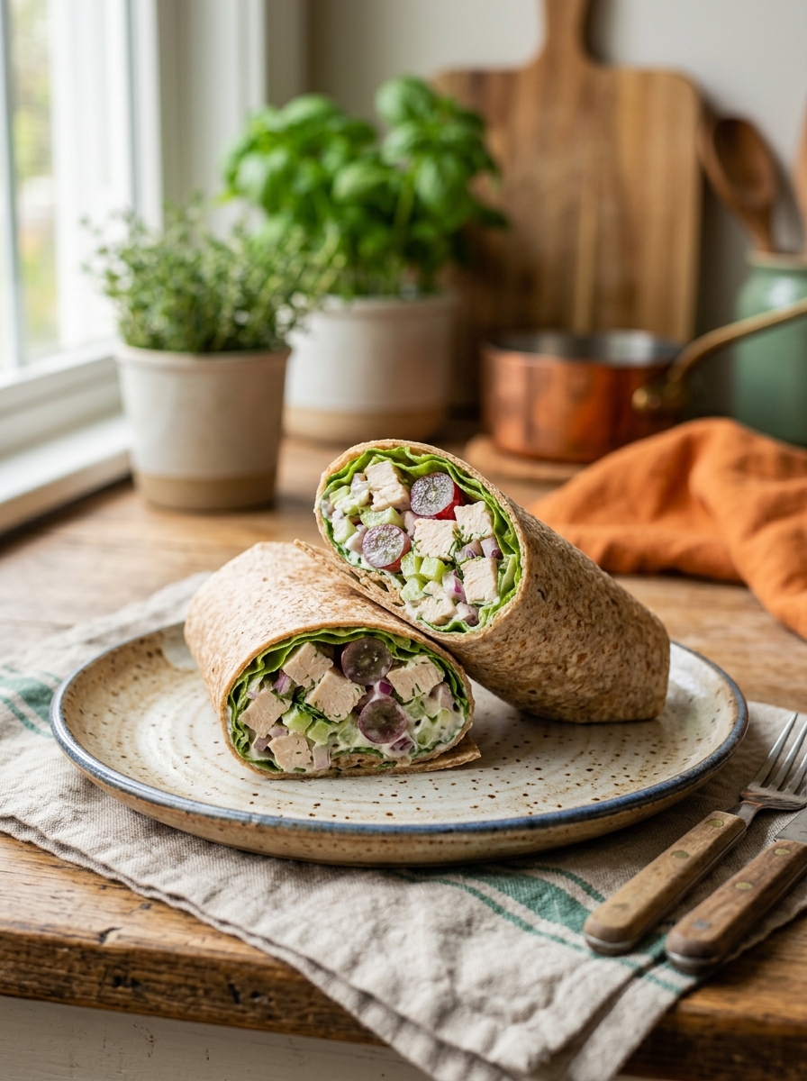 healthy high protein chicken salad wraps served on a ceramic plate with crisp greens