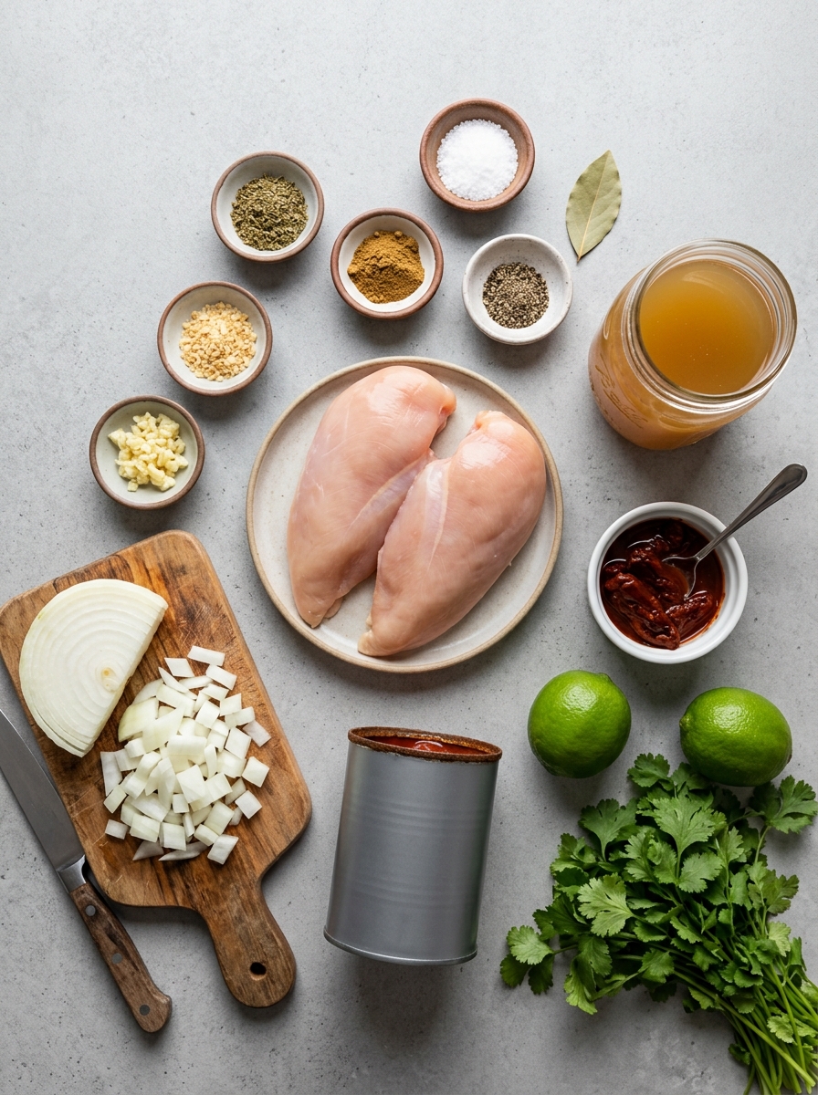 ingredients flat lay for slow cooker chicken tinga showing chicken breasts, fire roasted tomatoes, chipotle peppers in adobo, onions, garlic, and Mexican oregano - slow cooker chicken recipes
