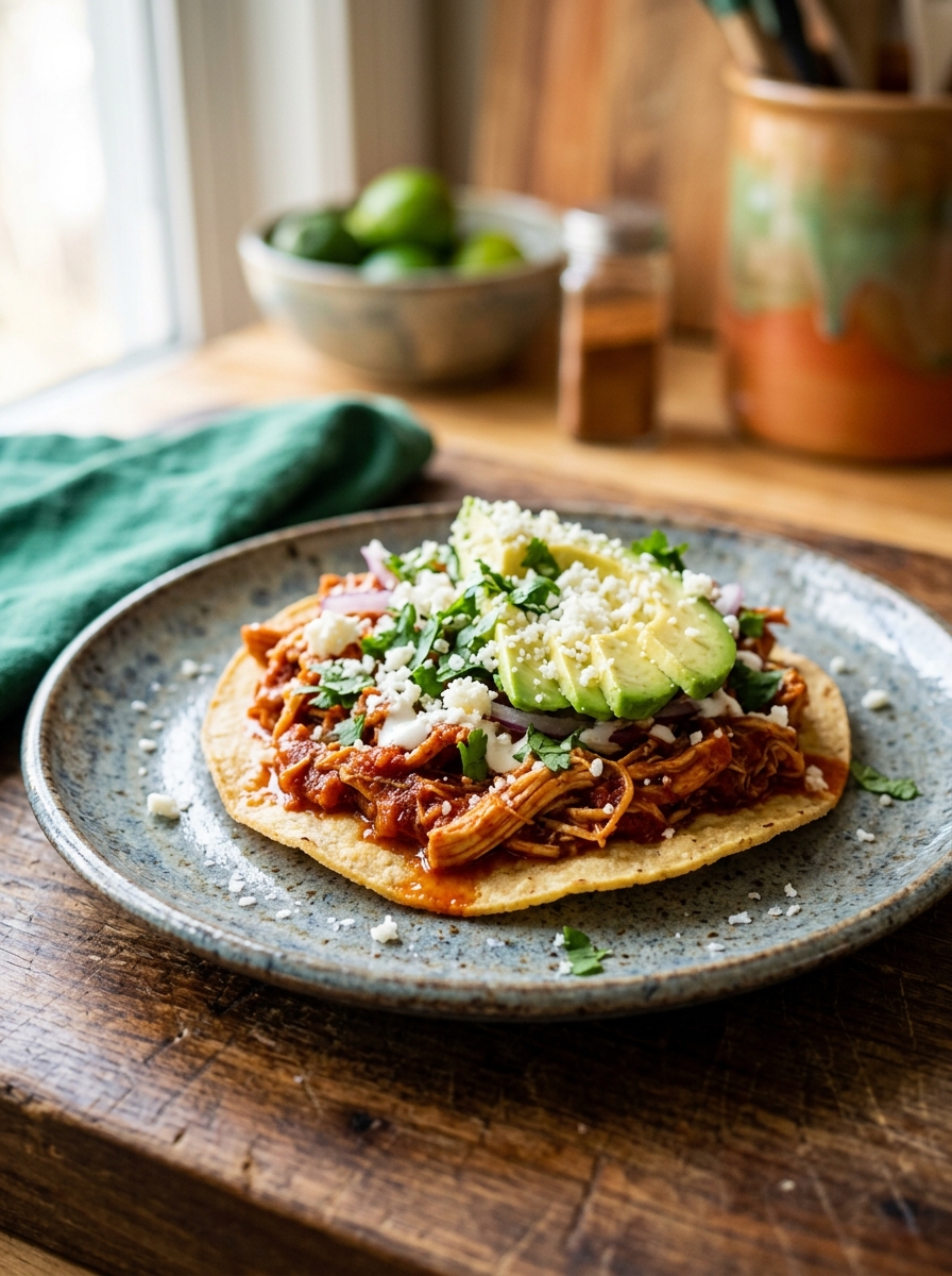 crispy baked corn tostadas stacked with flavorful shredded chicken tinga, diced avocado, and fresh cilantro