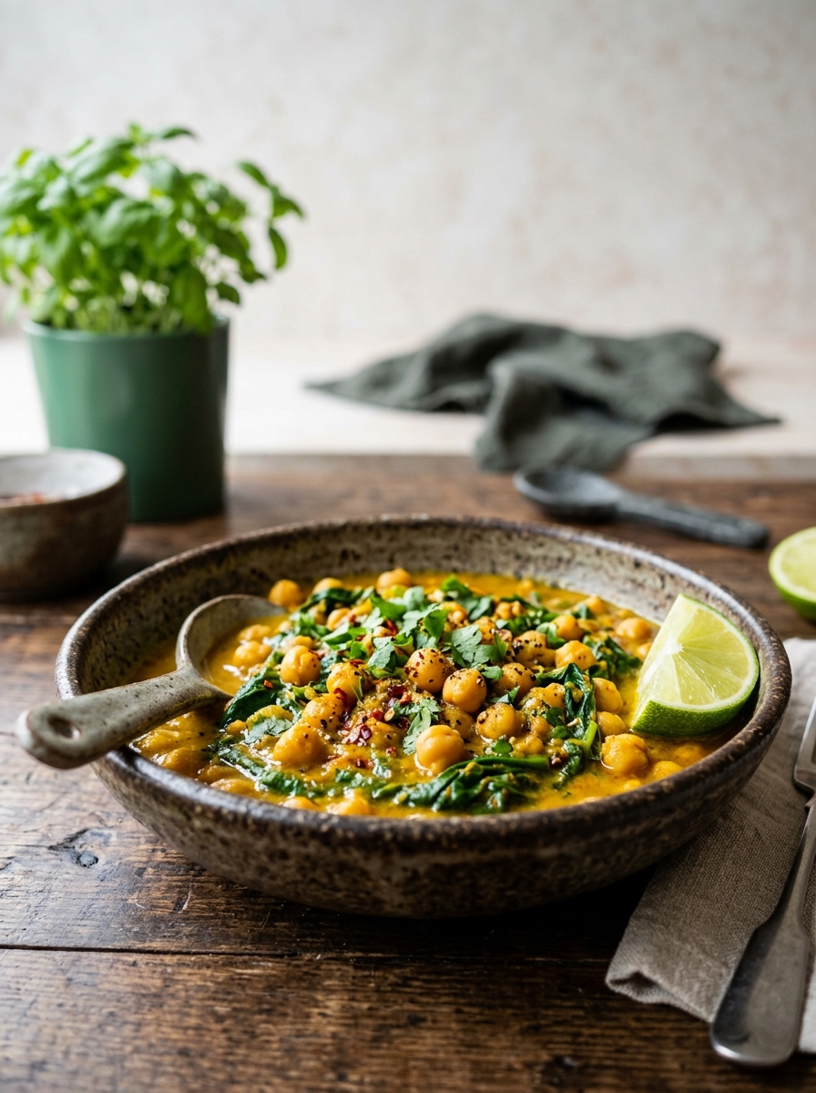 delicious bowl of creamy vegan chickpea and spinach curry garnished with toasted seeds and cilantro