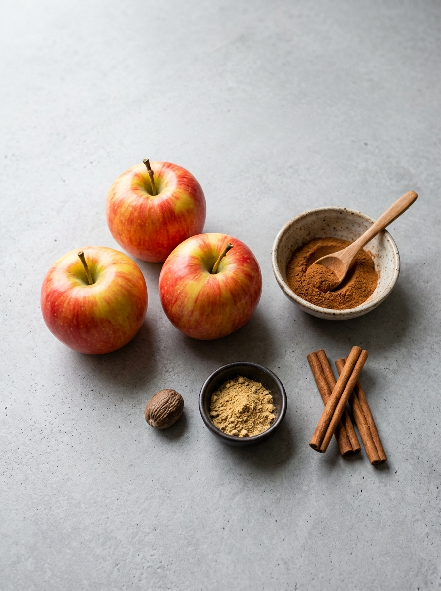 ingredients layout for cinnamon baked apple chips showing crisp red apples, ground Ceylon cinnamon, and nutmeg
