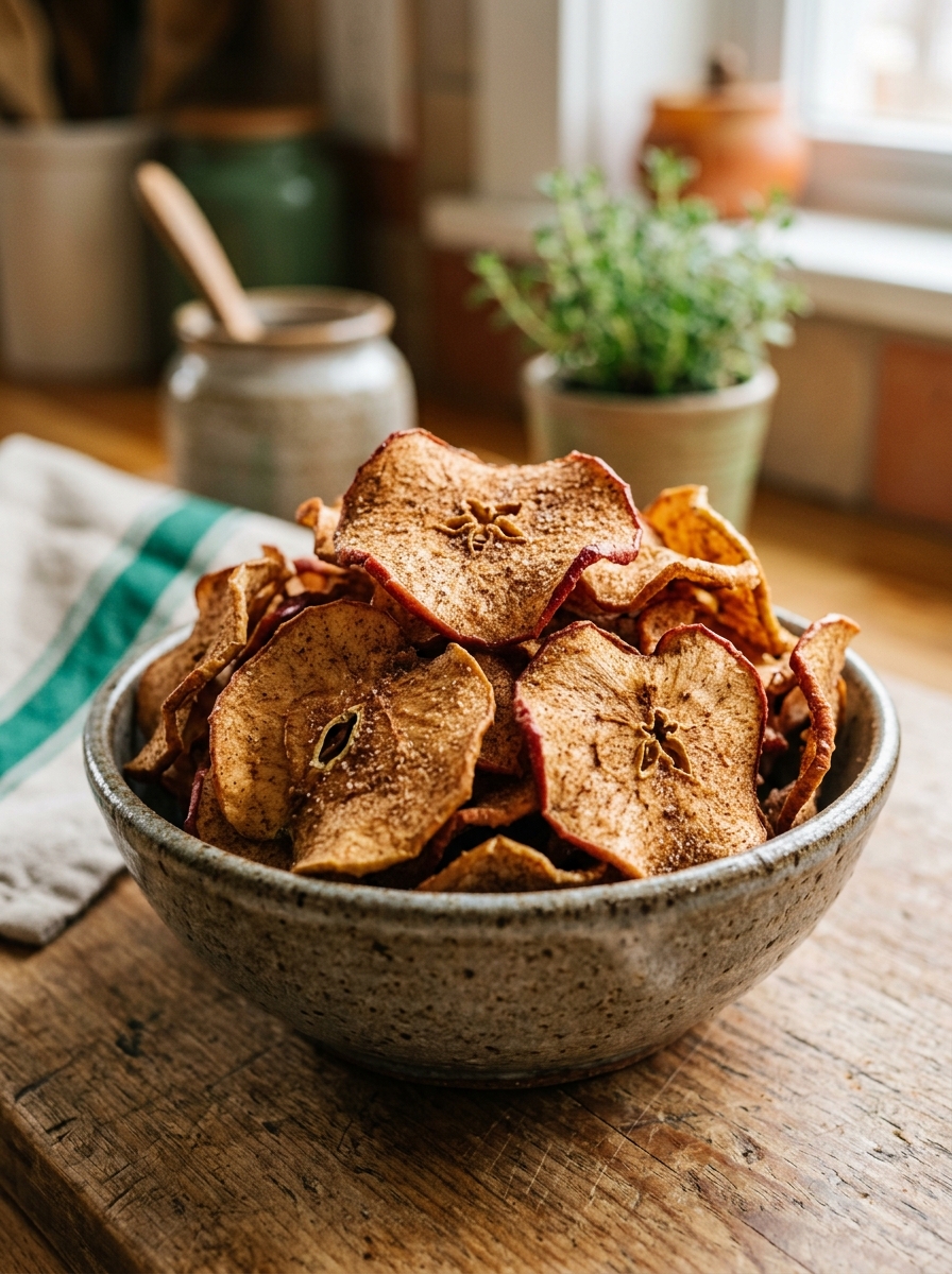 ceramic snack bowl filled with crispy golden cinnamon baked apple chips