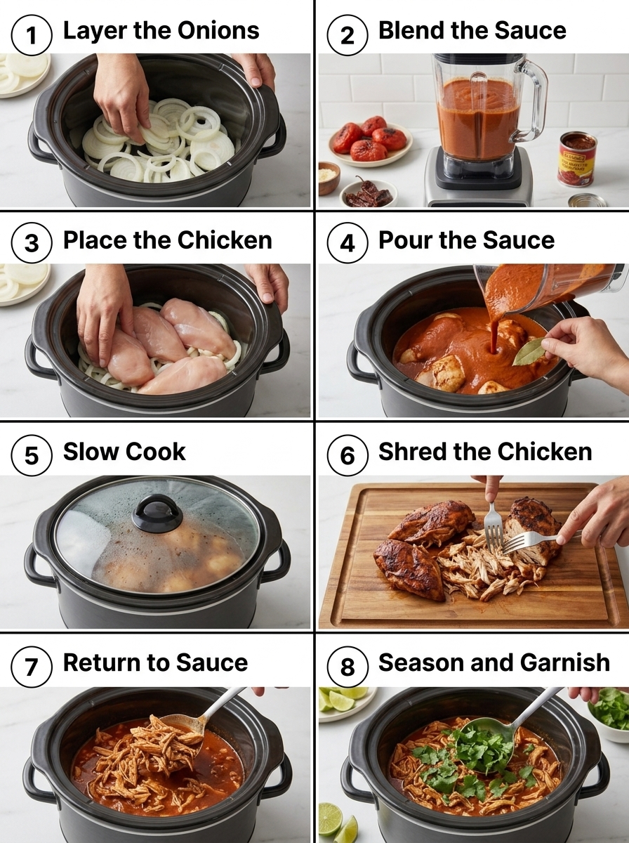 visual step by step cooking guide collage for smoky slow cooker shredded chicken tinga