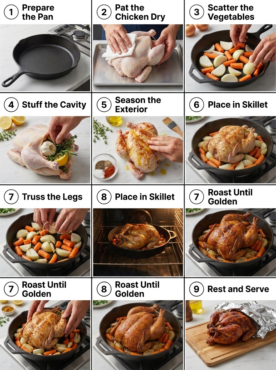 visual step by step cooking guide collage for garlic herb whole roast chicken recipe