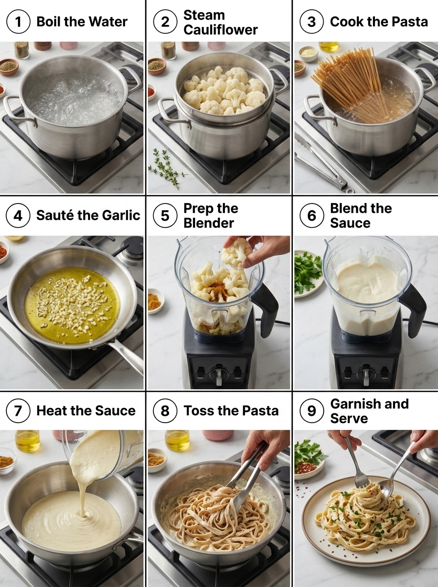 visual step by step cooking guide collage for healthy creamy cauliflower garlic Alfredo fettuccine