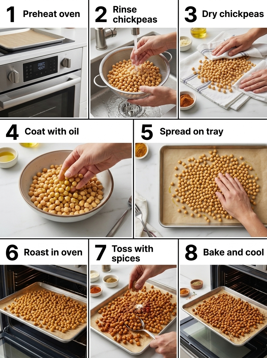 visual step by step cooking guide collage for perfectly crunchy roasted chickpea snacks