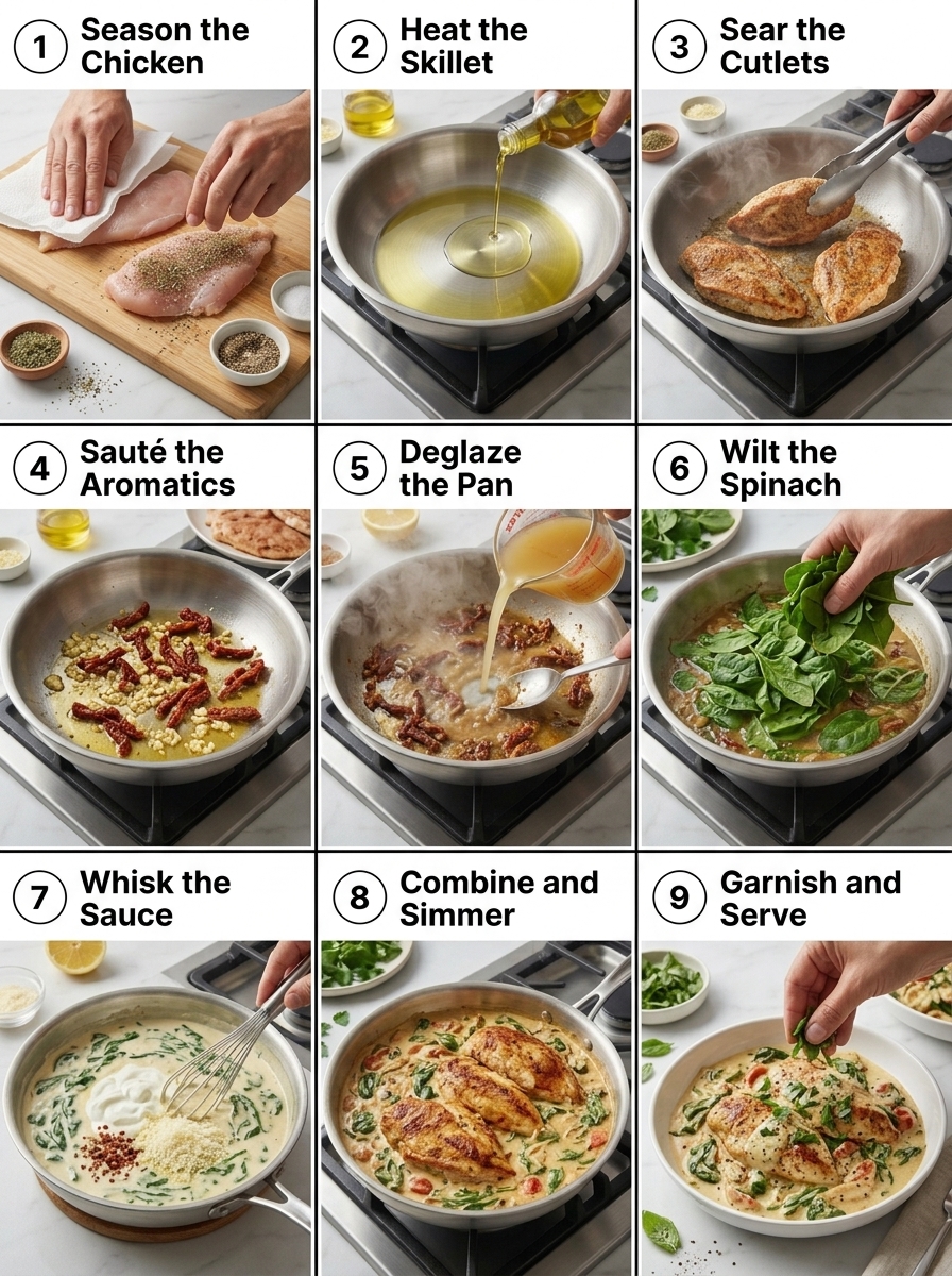 visual step by step cooking guide collage for creamy sun-dried tomato Tuscan chicken skillet