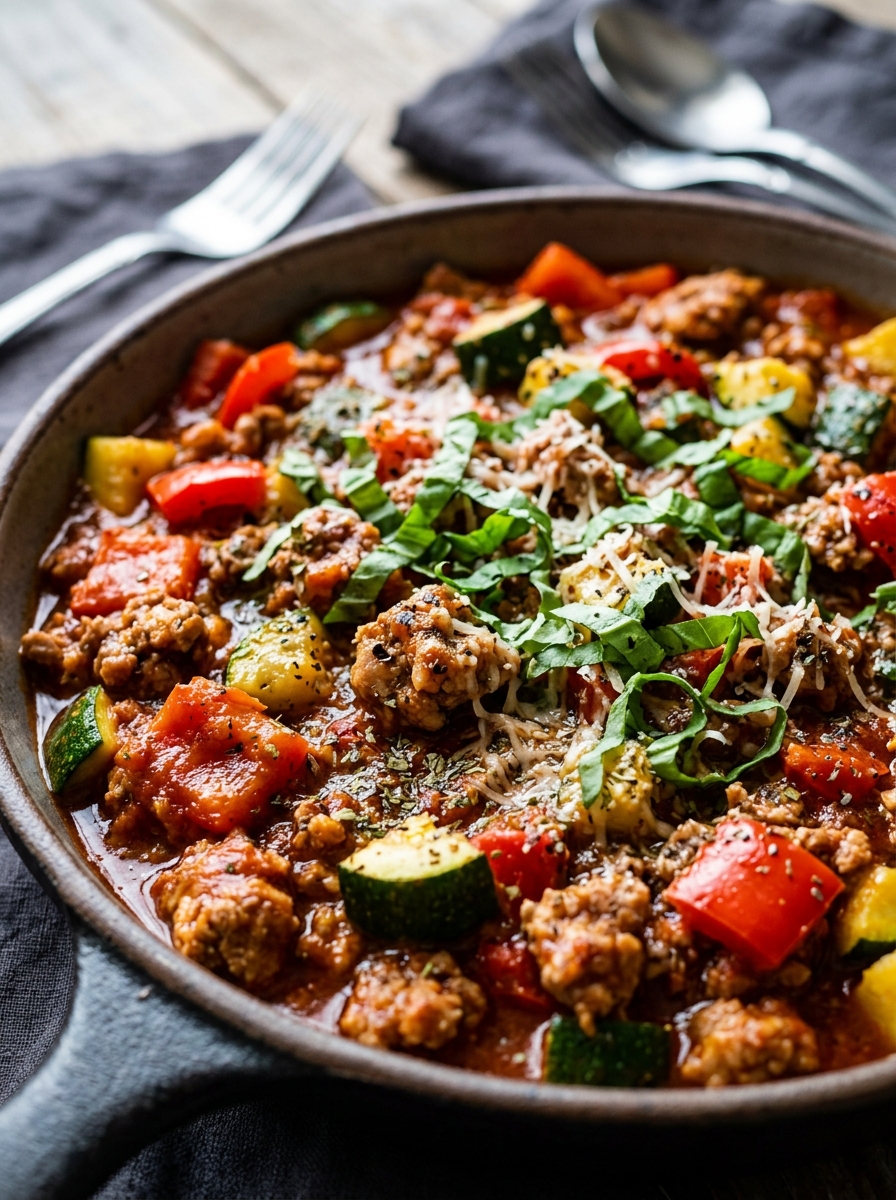 plated portion of hearty ground turkey and zucchini skillet topped with fresh basil leaves